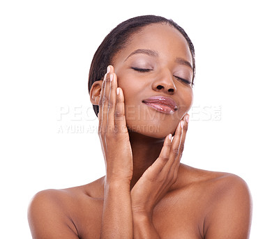 Buy stock photo Skincare, hands and beauty of black woman with eyes closed for glow isolated on a white studio background. Touch, makeup and model in cosmetics, dermatology and spa facial treatment for smooth skin