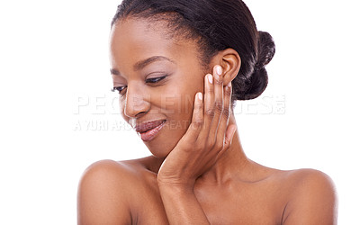 Buy stock photo Skincare, touch and face of black woman, beauty and glow isolated on a white studio background. Hands, makeup and young African model in cosmetics, dermatology or spa facial treatment for smooth skin