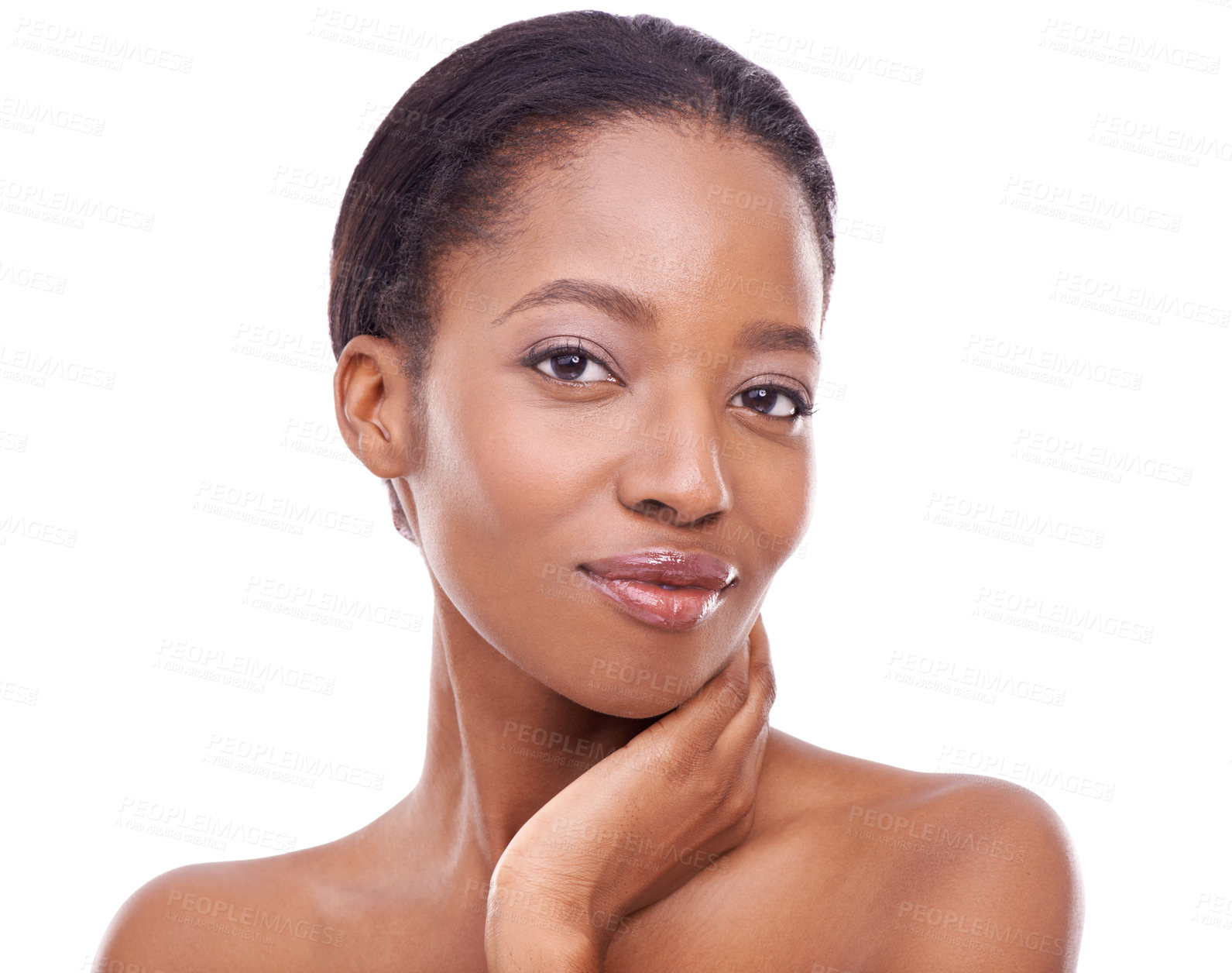 Buy stock photo A beautiful young woman looking at the camera and touching her face