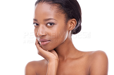 Buy stock photo Skincare, hand and portrait of black woman for glow, beauty and isolated on a white studio background. Touch, makeup and face of model in cosmetics, dermatology and spa facial treatment for soft skin