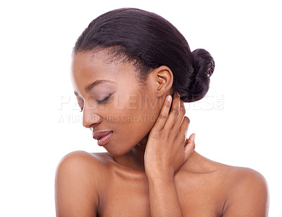 Buy stock photo Skincare, hand and beauty of black woman with eyes closed for glow isolated on a white studio background. Touch, makeup and model in cosmetics, dermatology and spa facial treatment for smooth skin
