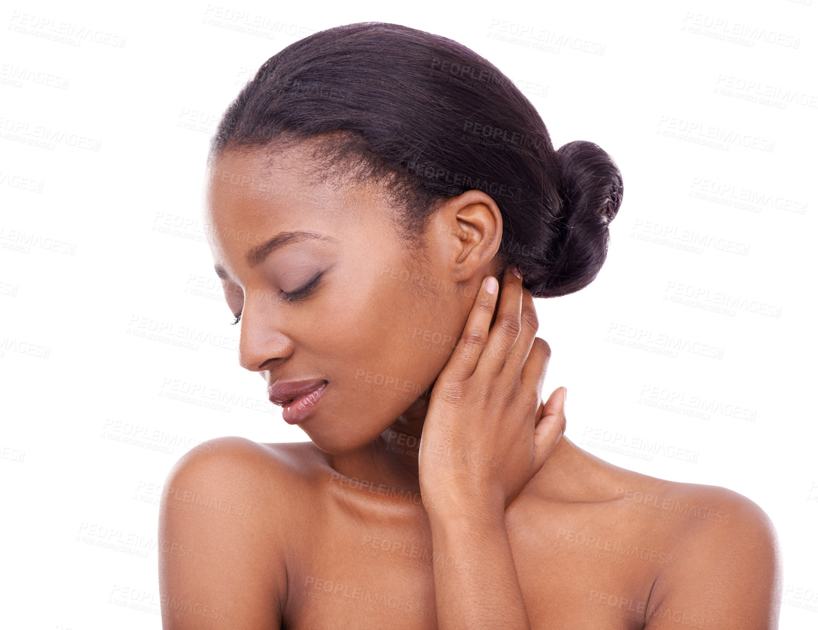 Buy stock photo Skincare, hand and beauty of black woman with eyes closed for glow isolated on a white studio background. Touch, makeup and model in cosmetics, dermatology and spa facial treatment for smooth skin
