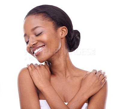 Buy stock photo Skincare, hands and happy black woman with eyes closed for body care isolated on a white studio background. Touch, makeup or beauty of model in cosmetics, dermatology or spa treatment for smooth skin