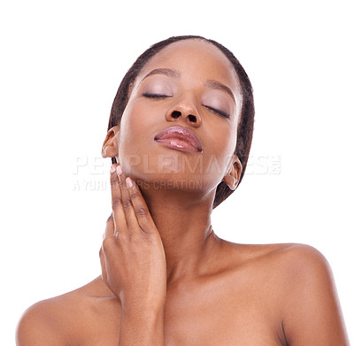 Buy stock photo Skincare, touch or beauty of black woman with eyes closed for body care isolated on a white studio background. Hands, makeup or model in cosmetics, dermatology or spa facial treatment for smooth skin