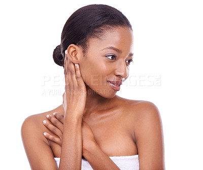 Buy stock photo Skincare, hands and beauty of a black woman in makeup isolated on a white studio background. Touch, glow and young African model in cosmetics, dermatology and spa facial treatment for smooth skin