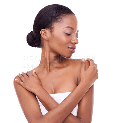 Buy stock photo Black woman, skincare and thinking in studio for spa, glow or facial treatment on white background. Face, confidence and towel for beauty with hand pose for wellness, cosmetics or feminine grooming