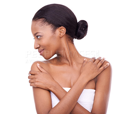 Buy stock photo Beauty, skincare and black woman with self care in studio, white background or cosmetics mockup. African, model and healthy glow on skin from dermatology, treatment or person with confidence or pride