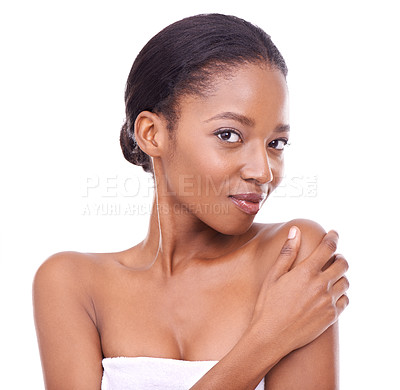Buy stock photo Beauty, skincare and portrait of black woman in studio, white background and cosmetics mockup. African, model and healthy glow on skin from dermatology, treatment or person with confidence and pride