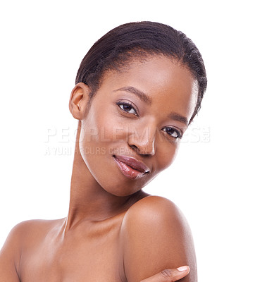 Buy stock photo African beauty, face and aesthetic in studio with white background, skin and glow with shine from dermatology. Woman, cosmetic and model healthy from self care, makeup and skincare for person