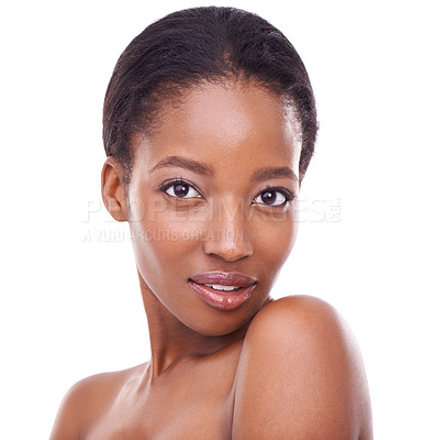 Buy stock photo Black woman, portrait and makeup in studio for skincare, glow or treatment in dermatology. Face, cosmetic and confident for beauty, wellness or feminine grooming isolated on white background