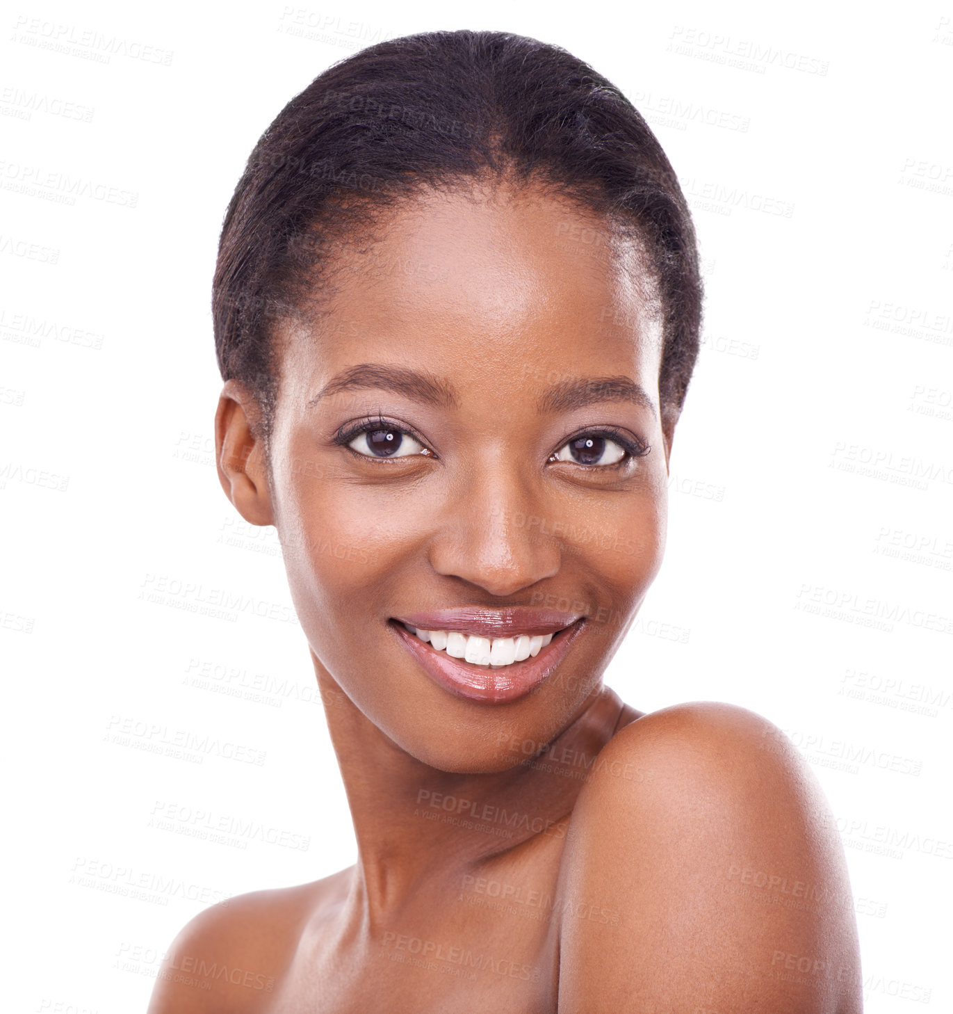 Buy stock photo Closeup, skincare and black woman in white background with smile for glow, beauty and natural look with healthy skin. Happy, smooth and facial wellness for positive results, self care and cosmetics 