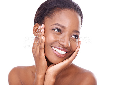 Buy stock photo Face, black woman and skincare in studio with smile for treatment, beauty and natural look with healthy skin. Happy, soft and glow with facial wellness for positive results and aesthetics 