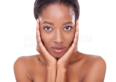 Buy stock photo Face, glow and black woman for skincare in studio for treatment, beauty and natural look with healthy skin. Happy, soft and facial wellness for positive results, self care and aesthetics for hygiene