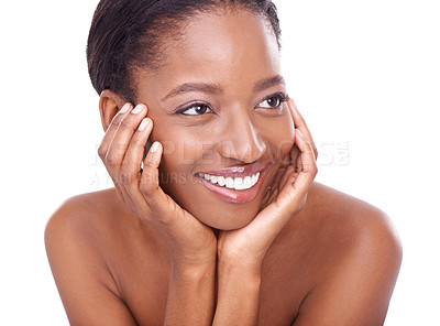 Buy stock photo Studio shot of a beautiful young woman touching her skin