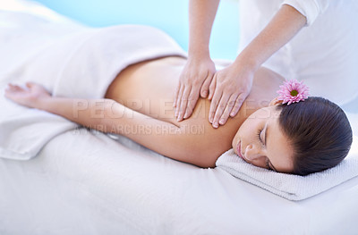 Buy stock photo Sleep, spa and woman at pool for massage with health, wellness and luxury holistic treatment. Self care, peace and girl on table with professional masseuse for body therapy, relax and hotel service