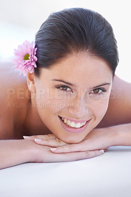 Buy stock photo Portrait, smile and woman at spa to relax closeup for luxury wellness or treatment in hotel or resort. Face, massage or hospitality with happy young customer at beauty clinic for rest and recovery