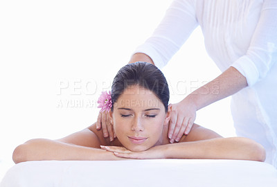 Buy stock photo Sleep, massage and woman at spa with flower for health, wellness and luxury holistic treatment. Self care, peace and girl on table with masseuse for body, balance and relax with hotel service