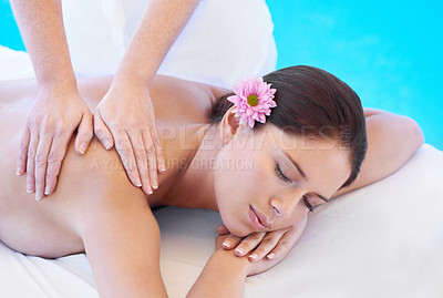 Buy stock photo Relax, massage and woman at spa for health, wellness and calm with holistic treatment. Self care, peace and girl on table with masseuse for body therapy, shoulder muscle and luxury hotel service.