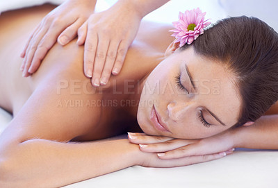 Buy stock photo Luxury, massage and woman at spa for health, wellness and relax with calm holistic treatment. Self care, peace and girl on table with masseuse for body therapy, balance and hotel service hospitality.