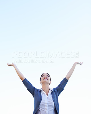 Buy stock photo Celebration, cheering and excited with woman, achievement and happiness with mockup space. Person, winner and girl with victory and wellness with goals and motivation with promotion, wow and success