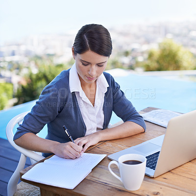 Buy stock photo Woman, writing notes and remote work with laptop, notebook and morning coffee for schedule and agenda. Planning, information and research with tech, journalist with ideas for article and busy outdoor