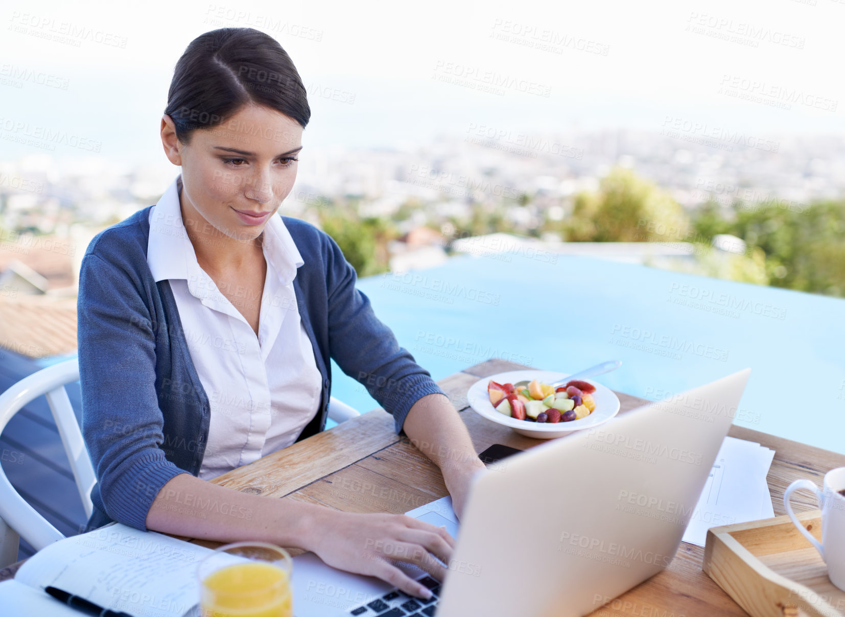 Buy stock photo Swimming pool, business and woman with a laptop, typing and connection with entrepreneur and vacation. Person, healthy meal and employee with computer and view with research for a project and network