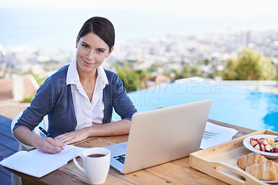 Buy stock photo Woman, writing in notebook and remote work with laptop, coffee for schedule and agenda. Plan, notes and research with tech, journalist in portrait with ideas for article and outdoor with breakfast