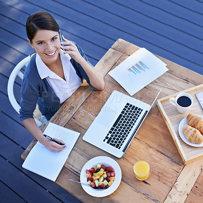 Buy stock photo Freelancer, smile and phone call with breakfast, outdoor and table with healthy food, employee and online. Person, writing and technology of pc, business and creative as worker with coffee and above
