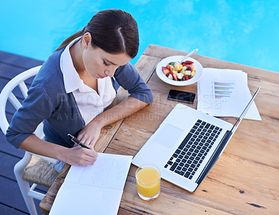 Buy stock photo Woman, writing and remote work with laptop, research with notebook and breakfast, planning for schedule or agenda. Notes, info and technology, journalist with ideas for article and meal outdoor