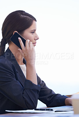 Buy stock photo Professional woman, talking and phone call at work with white background, communication and networking. Profile, conversation for finance of business, employee and worker in corporate company 
