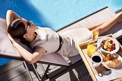 Buy stock photo Swimming pool, relax and woman with breakfast, vacation and summer with weekend break and holiday. Person, sunshine and girl on a getaway trip and healthy meal with nutrition and luxury with food