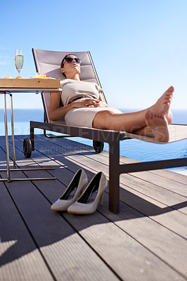 Buy stock photo Relax, pool and woman in chair with champagne, brunch and business trip with hotel service. Travel, hospitality and businesswoman with drink, lunch and sunshine at luxury villa for summer holiday.