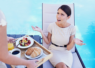 Buy stock photo Woman, customer and angry with food service, upset and conversation with complain and nutrition. Client, swimming pool and lady frustrated with meal or hospitality industry with wrong order or review