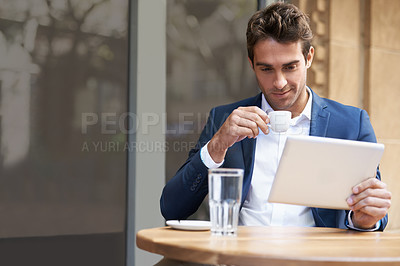 Buy stock photo Businessman, tablet and coffee at outdoor cafe for online research or communication, internet or social media. Male person, espresso and city restaurant in Italy for work trip, networking or email