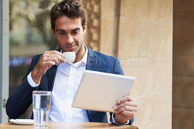 Buy stock photo Businessman, outdoor and reading at cafe with tablet for news, article or internet research in London. Online, communication and drink espresso with tech for social media and scroll blog on website