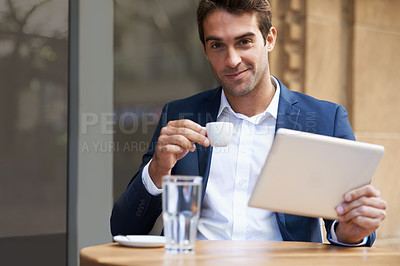 Buy stock photo Businessman, portrait and tablet or coffee at cafe or online research or communication, internet or social media. Male person, espresso and city restaurant in Italy for work trip, networking or email
