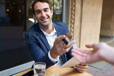 Buy stock photo Businessman, credit card and waitress hand for payment or outdoor coffee shop for customer service, transaction or purchase. Male person, cafe and Italy on street for banking, ecommerce or buying