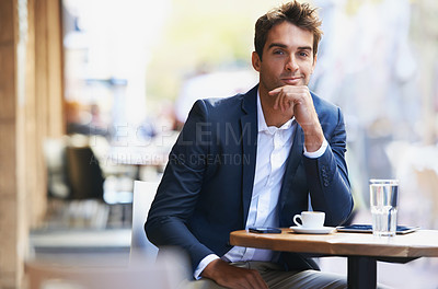 Buy stock photo Happy, businessman and portrait outdoor at cafe or relax entrepreneur waiting at table with espresso. Professional, customer or person smile planning schedule at coffee shop with drink in morning