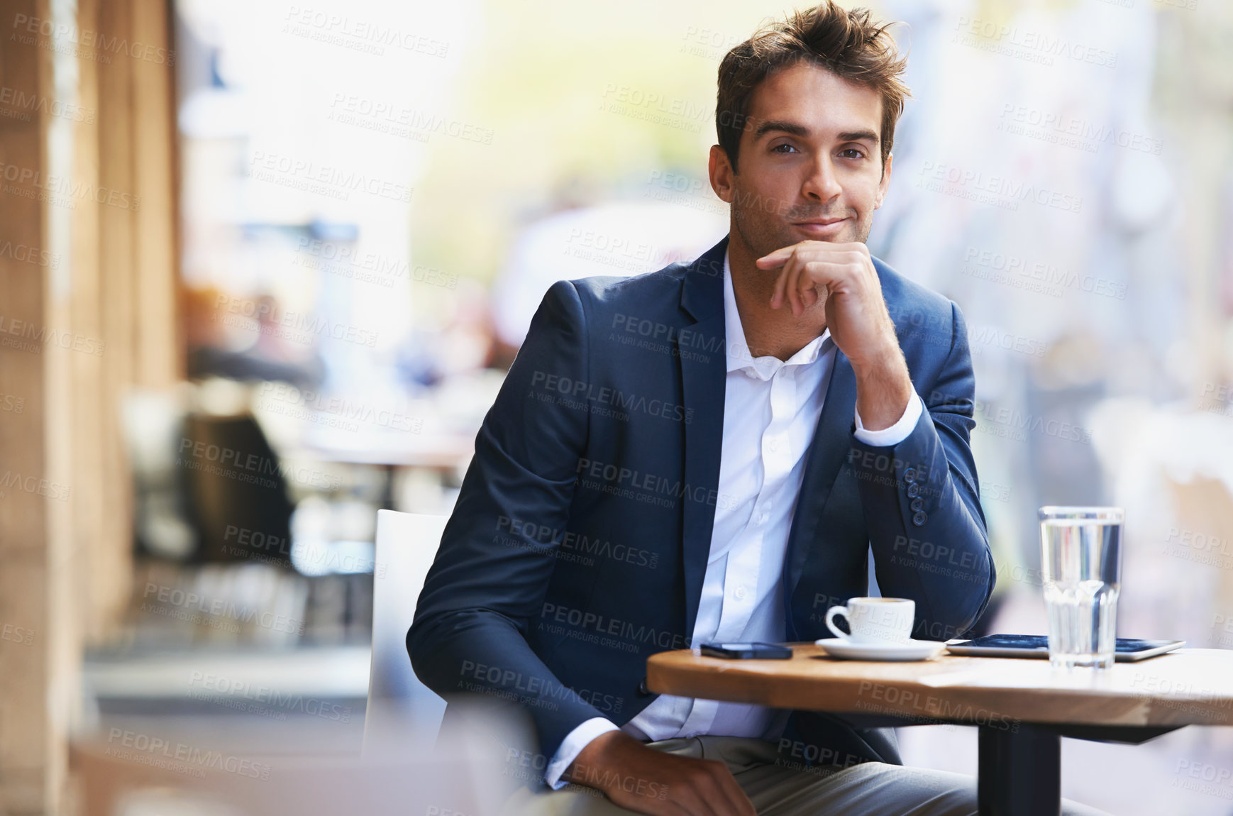 Buy stock photo Happy, businessman and portrait outdoor at cafe or relax entrepreneur waiting at table with espresso. Professional, customer or person smile planning schedule at coffee shop with drink in morning