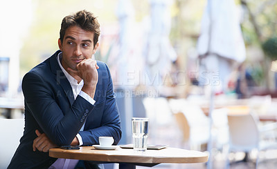 Buy stock photo Thinking, business and man outdoor at cafe with idea for future or entrepreneur waiting at table with espresso. Professional, customer or person planning schedule at coffee shop with drink in morning