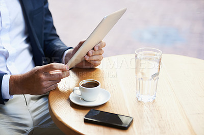Buy stock photo Businessman, hands and outdoor at cafe with tablet for reading news, article or internet research. Online, communication and person with tech for social media, networking and scroll blog on website