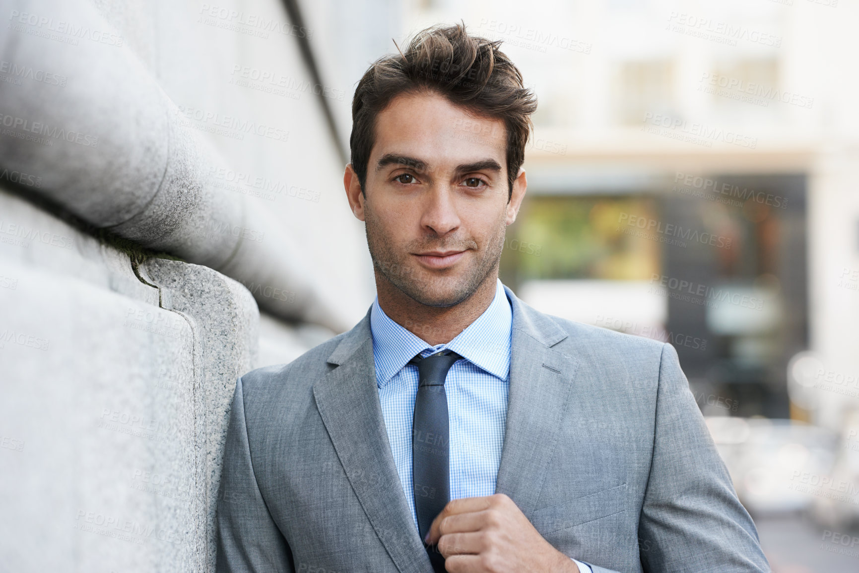 Buy stock photo Smile, pride and portrait of businessman in city with positive, good and confident attitude. Happy, suit and handsome professional male accountant with classy and elegant style in urban town.