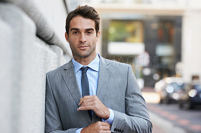 Buy stock photo Happy, pride and portrait of businessman in city with positive, good and confident attitude. Smile, suit and handsome professional male accountant with classy and elegant style in urban town.
