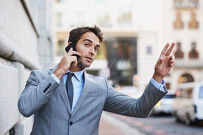 Buy stock photo Phone call, street in city and taxi with businessman hailing ride outdoor for travel, transport or commute. Mobile, communication and networking with young employee calling cab in suit on sidewalk