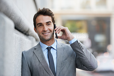 Buy stock photo Lawyer, outdoor and man with phone call in city to client with networking communication and contact. Attorney, smile or businessman in conversation on smartphone at court or law firm for consultation