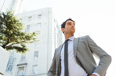 Buy stock photo Businessman, city and buildings with thinking for accounting, career or business in Los Angeles. Professional man, entrepreneur and vision with confidence for opportunity mindset and ambition