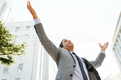 Buy stock photo Business man, city and celebration for promotion, bonus and salary increase or achievement. Male person, low angle and professional in outdoors for corporate success, proud and happy for information