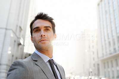 Buy stock photo City, confident and businessman while thinking of future, ideas or planning for property development. Professional lawyer, sunlight and vision of urban investment and opportunities in Puerto Rico