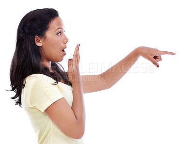 Buy stock photo Pointing, surprise or woman shocked by announcement isolated on transparent on white background. Wow, wtf or person in studio covering mouth for advertising, marketing or fake news for mockup space