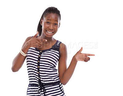 Buy stock photo Pointing, notification or portrait of black woman by announcement isolated on white background. Show, promotion or female African person in studio for advertising, marketing or news for mockup space